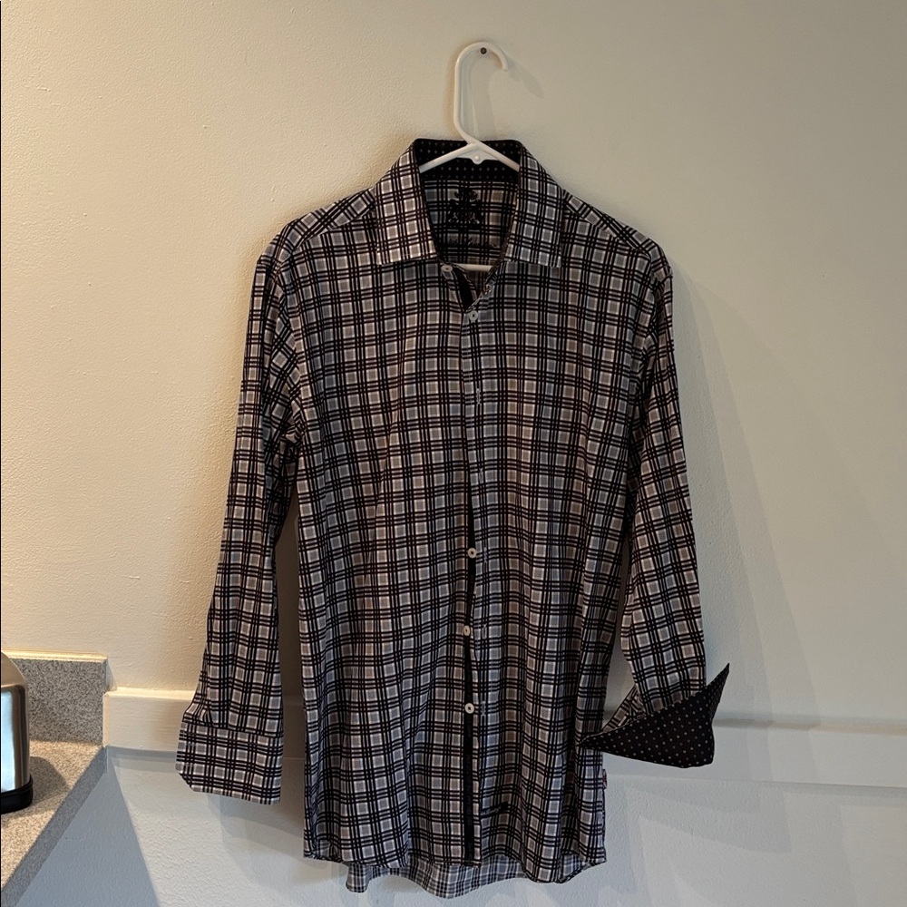 ENGLISH LAUNDRY  shirt, black, grey and white windowpane plaid dress shirt